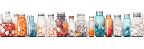 Seamless tileable rows of medicine and drug bottles with pills on a white background