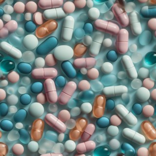 Seamless tile overhead photo of A variety of presciption pills and drugs