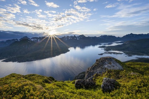 View of Fjord Raftsund and mountains in the evening light