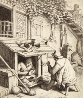 The shoemaker in a tiny shop on the street repairs a customer's shoes