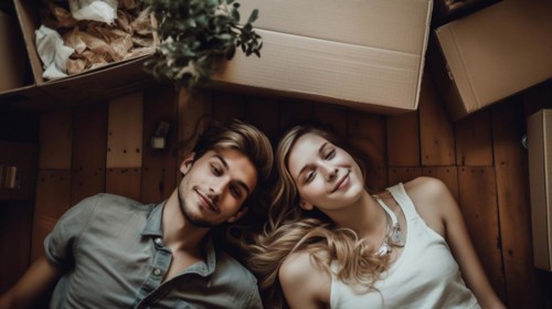 Happy young adult couple laying on the floor of their new home with moving boxes surrounding them