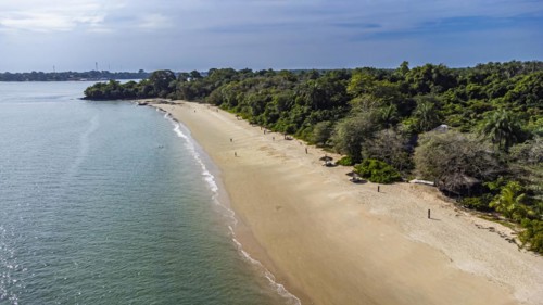 Aerial of a sandy beach on Rubane island