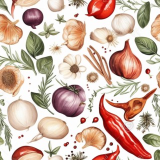 Truly seamless tile of overhead illustration of A variety of vegetables and spices