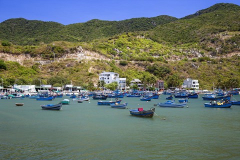 Coastal landscape with fishing boats bay