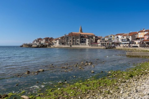 Beach and city view of the coastal town of Umag