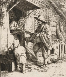 Mobile spectacle seller and an old woman as customer