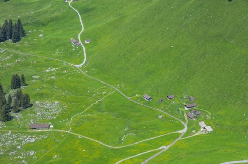 Montane Strukturen und Gehoefte auf der Schwaegalp am Fuss des Saentis