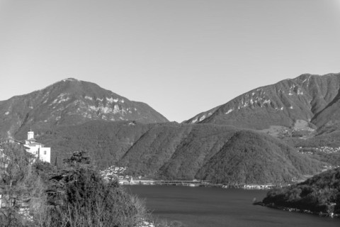 Church of Saints Fedele and Simone and Lake Lugano with Mountain in a Sunny Day in Vico Morcote