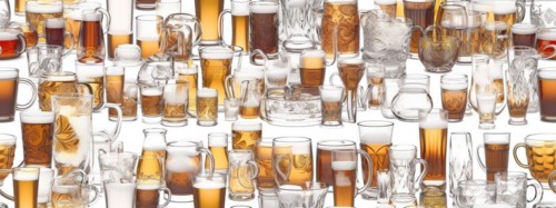 Seamless tileable rows of glasses and mugs of beer on a white background