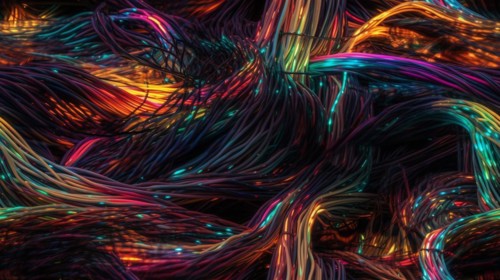 Truly seamless tile of colorful computer cables and wires abstract background