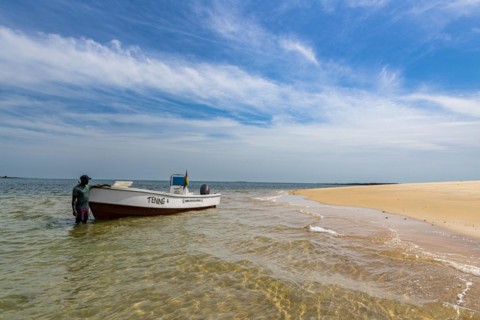 Long sandy beach on a little islet in Marinho Joao Vieira e Poilao National Park