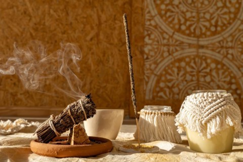 Incense and candles with mandala background