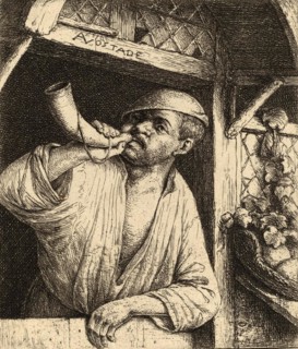 Baker Blowing His Horn to Announce the Bread is Ready