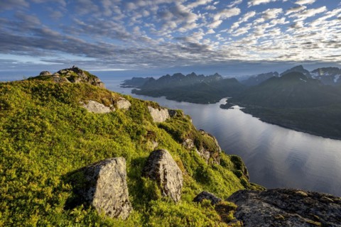 View of Fjord Raftsund and mountains in the evening light