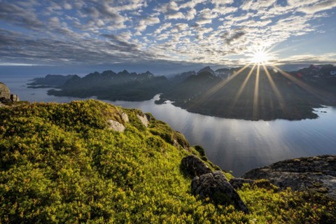 View of Fjord Raftsund and mountains in the evening light