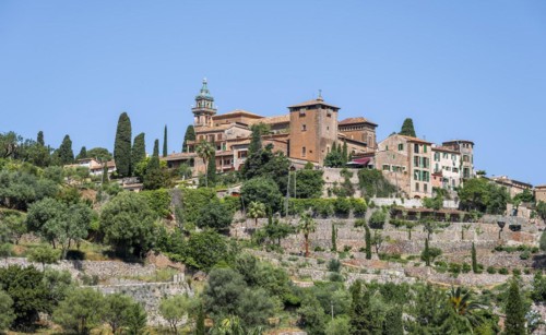 View of Valldemossa mountain village with typical stone houses