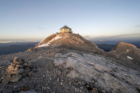 Matrashaus mountain hut at the Hochkoenig summit at sunrise