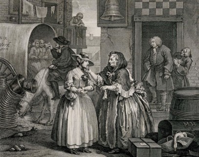 Moll Hackabout is greeted by the brothel landlady Mother Needham. The scene takes place in the courtyard of the Bell Inn