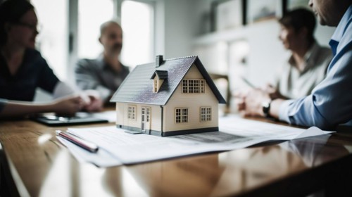 Small model house resting on real estate documents as buyers discuss their agreement
