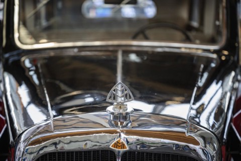 Close-up with brand emblem of a Maybach classic car type SW38 year of construction 1938