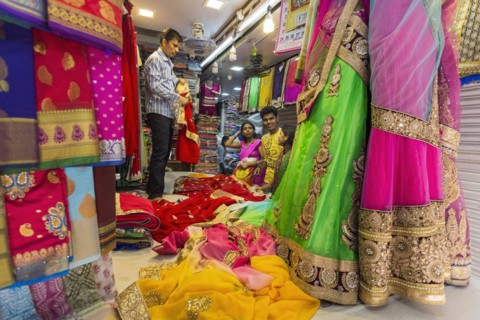 Textile shop with colourful fabrics for sari