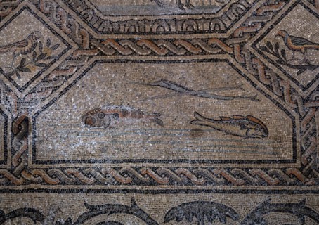 Early Christian floor mosaics with fish motifs from the 4th century in the Romanesque basilica at Aquileia
