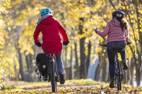 Two woman riding bicycles