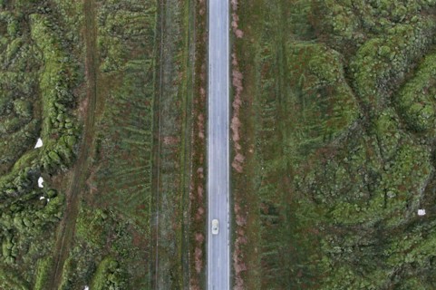 Ring Road 1 through moss-covered lava fields on the south coast of Iceland
