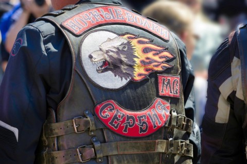 Back of a cowl by the Russian Night Wolves