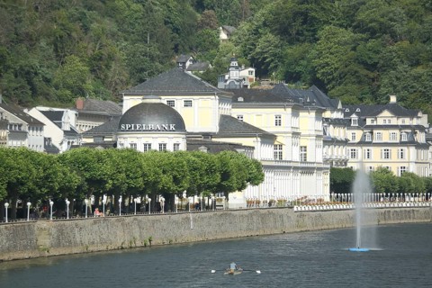 Baroque UNESCO Casino and riverside promenade on the Lahn with fountain