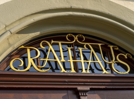 Town hall lettering above the door of the town hall of the municipality of Mittelzell next to the Minster of St. Maria and Markusl on the island of Reichenau in Lake Constance