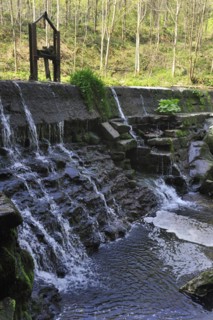 Weir on small stream creating little waterfall and offering ideal nesting place for European White-throated Dipper