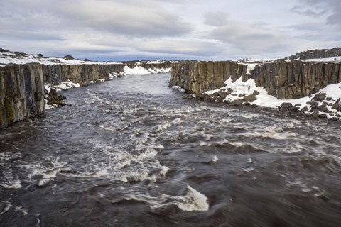 Selfoss waterfall on the river Joekulsa a Fjoellum in in the Joekulsargljufur canyon in winter