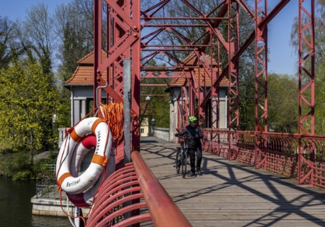 Berlin Fire Brigade lifebuoy on red bridge railing