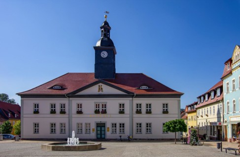 Urban scene in front of the historic town hall at the market