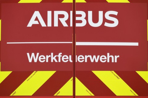 Airbus plant fire brigade lettering on the back of a fire engine at Hamburg Finkenwerder Airport