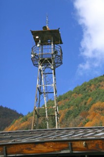 Fire lookout tower at Narai-juku traditional small town in Nagano Japan