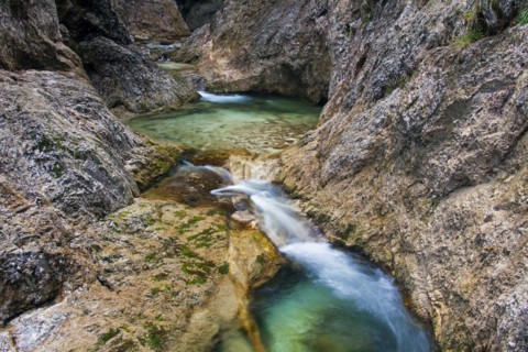 Waterfall in the river Almbach running through the Almbachklamm canyon in the Berchtesgaden Alps