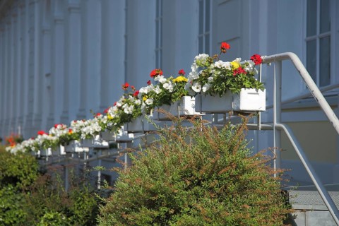 Decoration with row of flower pots on the railing of the spa hotel