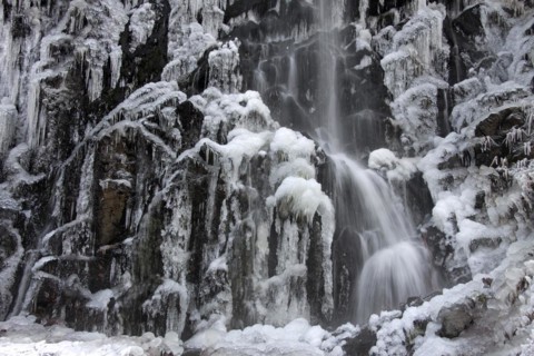 Frozen Radau waterfall in winter near Bad Harzburg