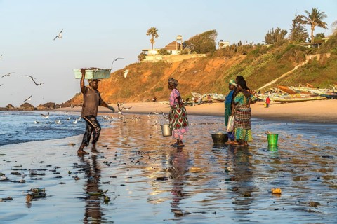 Fishermen's wives on the beach at the fish market