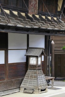 Garden lantern of Nakamura-tei museum at Narai-juku traditional small town in Nagano Japan