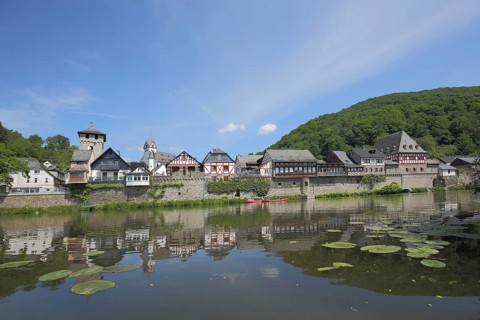View of townscape with gate tower and houses on the Lahn