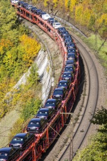 Goods train with new Mercedes cars on the Geislinger Steige