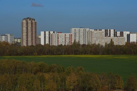View over a field near Grossziethen towards Berlin