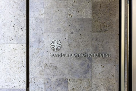 Lettering and federal eagle on the building of the Federal Intelligence Service BND