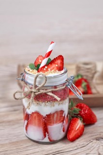 Strawberry fruit dessert with low fat yogurt