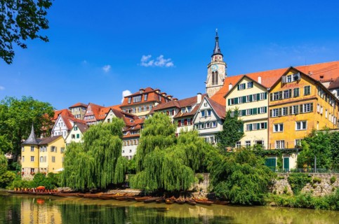Beautiful view of the historic Neckar front in the old town of Tuebingen