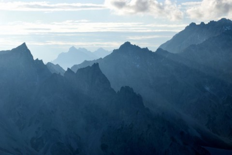 Hocheisspitze and other peaks in Wimbachgries in the backlight