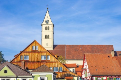 Town parish church of the Visitation of the Virgin Mary and roof sections in the historic old town of Meersburg on Lake Constance